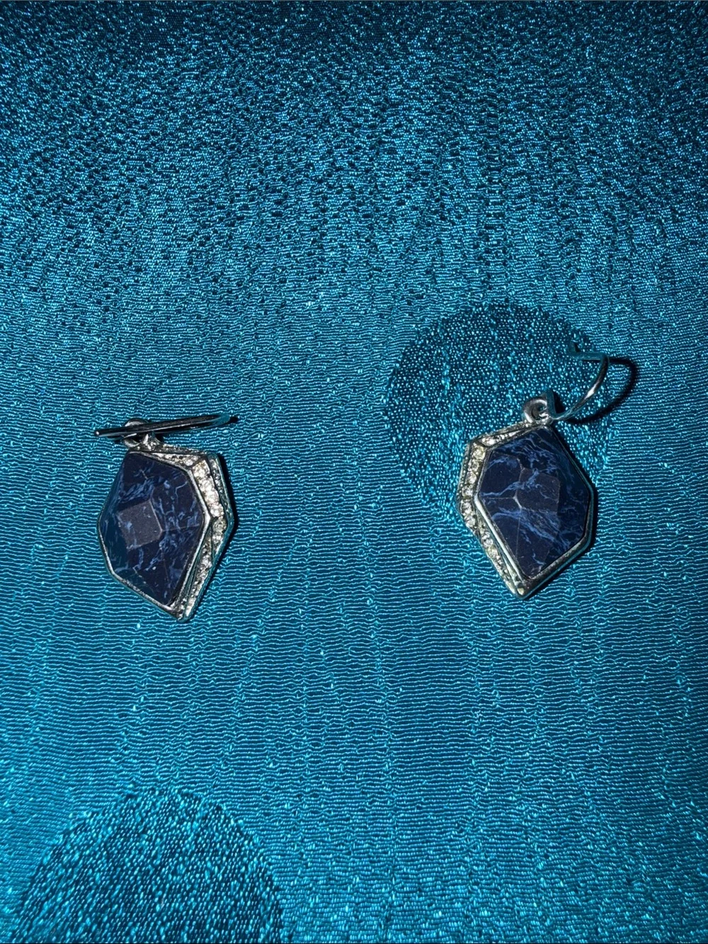 Blue Geometric Stone Drop Earrings with Silver Accents